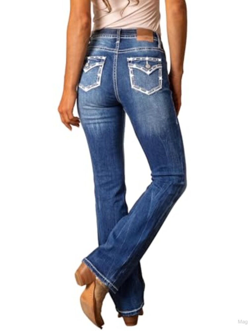 Women's Mid Rise Bootcut Jeans Rhinestone Stretchy Denim